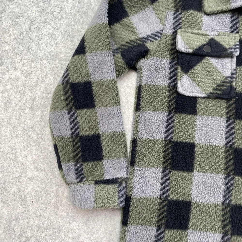 Quiksilver Kids M 10-12 Green Plaid Fleece Snap Shirt Jacket Shacket 26S0FBI10K